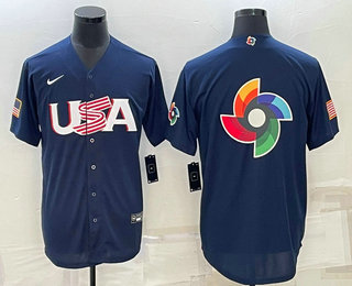 Men%27s USA Baseball Blank 2023 Navy World Baseball Big Logo Classic Stitched Jerseys